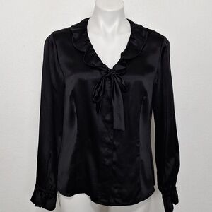 Alfani Black V-Neck Quiet Luxury Business Casual Satin Ruffle Blouse Size 12P
